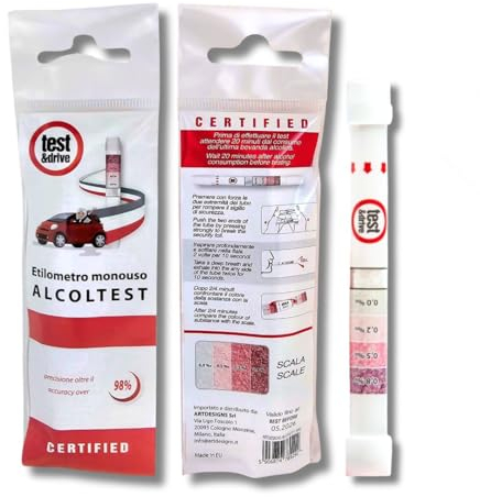 Auto Alcol Test Etilometro - Approvato dalla Comunità Europea - Certificato (Confezione 1 pezzo), Risultati accurati (su respiro)
