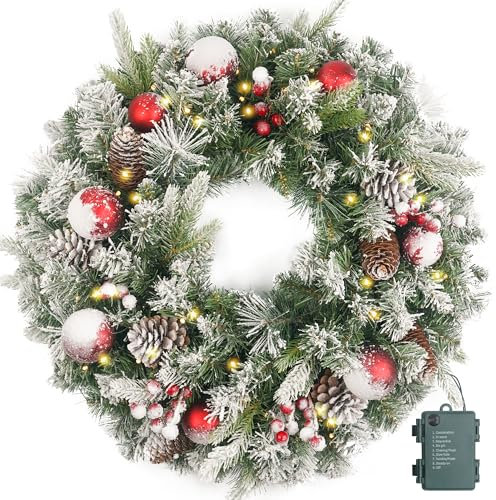 Flocked Christmas Wreath Pre-lit 24 inch with 50 Light & Red Ball Pine Cone, Artificial Christmas Wreaths for Front Door with Lights, Wreath for Christmas Decoration Door Windows Wall Green