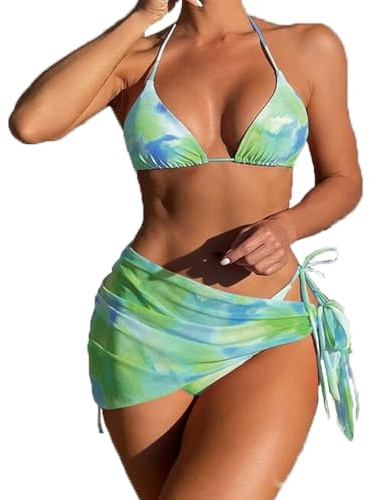 BSLVWG Conjunto de bikini de 3 piezas para mujer con falda, bikini con tirantes, bikini sexy de triángulo, bikini de playa, traje de baño, ropa de baño, trajes de baño, L