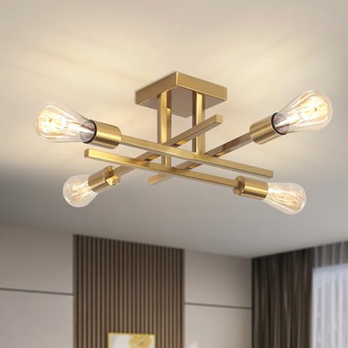 WTUOING Modern Gold Ceiling Lights Living Room Bedroom, 4 Lights Vintage Sputnik Chandelier Semi Flush Industrial Ceiling Light Fitting for Kitchen, Dining Room, Hallway