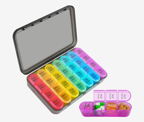 7 day Pill Box Organiser 4 Times Daily Medicine Storage Box,Cruxer Week Medication Tablet Organizer Moisture-Proof BPA Free Travel Dosette Box Dispenser Case to Hold Vitamins,Cod Liver Oil,Supplements