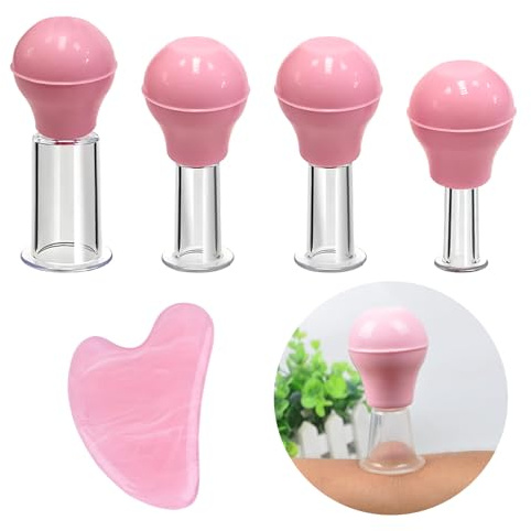 VEGCOO Facial Cupping Set, 5 Pcs Facial Massage Suction Cup+1Pc Gua Sha Rose Quartz, Facial Cupping Therapy Set for Firm Skin, Wrinkle Reduction, Detoxification, Lymphatic Flow