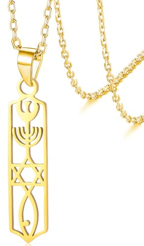 VASSAGO Collier Sceau Messianique Jésus Pendentif Poisson Ichthys Collier David d'Étoile Juif pour Femmes Hommes Bijoux Amulette Hébreu Israélien (Collier Messianique en Or)