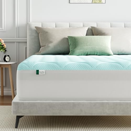 Novilla Sobrecolchón Refrescante de Fibra 135x190cm Agradable a la Piel, Grosor de 3cm, Refrigeración de Dos Fases, Cubre Colchón Transpirable con Bolsillo Profundo Elástico, Azul/Blanco