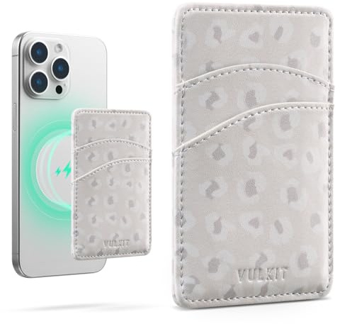 VULKIT Porte-Cartes de téléphone Magsafe Portefeuille de téléphone Fin en Cuir pour Femme avec Blocage RFID Étui pour Cartes de crédit Étui pour Cartes à l'arrière du Smartphone (Léopard)