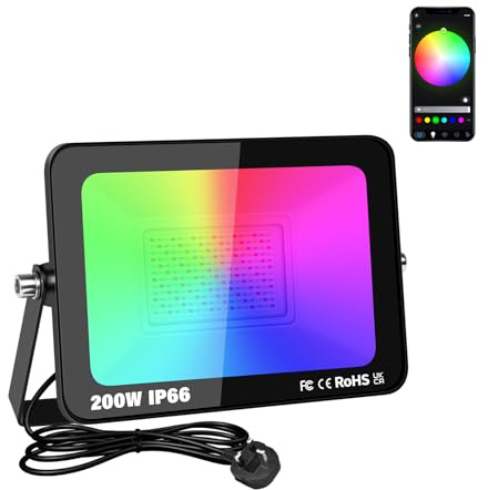 Willpower Foco LED RGBW 200W, Proyector LED Exterior Inteligente con Control de Bluetooth APP, 16 Colores 4 modos, Luz de Inundación RGB para Jardín Terraza Fiestas Halloween Navidad, con Enchufe