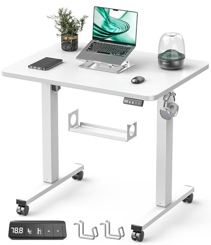 Xyndyx 32 Small Electric Rolling Standing Desk Adjustable Height, Mobile Sit Stand up Desk with Lockable Casters for Home Office & Computer Workstation, Splice Board, 2 Hooks, White Frame/White Top