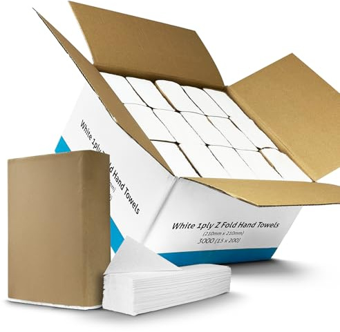 Box of 3000 (15 Packs – 200 Per/Pack) 1Ply Z-Fold Hand Paper Towels Sheets White 210mm x 210mm. Dispenser Compatible | Ideal for Kitchen, Catering, Bathroom, Restroom