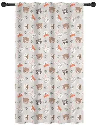 YONGFOTO 140x229cm Cortinas de Animales de Dibujos Animados con Bolsillo para Varilla Nórdico Oso Conejo Zorro con Hojas Filtración de luz Pestaña Trasera Cortinas para Dormitorio de niño Habitación