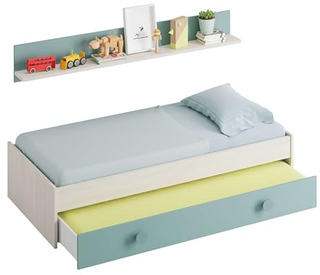 Miroytengo Cama Nido Doble Dormitorio Snuba Estilo Juvenil Infantil en Color Blanco Alpes y Verde Acqua con Estante 190x90 cm