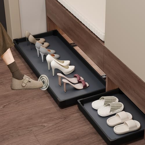 MAFAGE Scarpiera estraibile sotto il letto, cassetto telescopico da cucina, organizer per cassetti con funzione push-to-open, per scarpiera, armadio, cucina, sotto letto (nero, 46 x 31 cm)