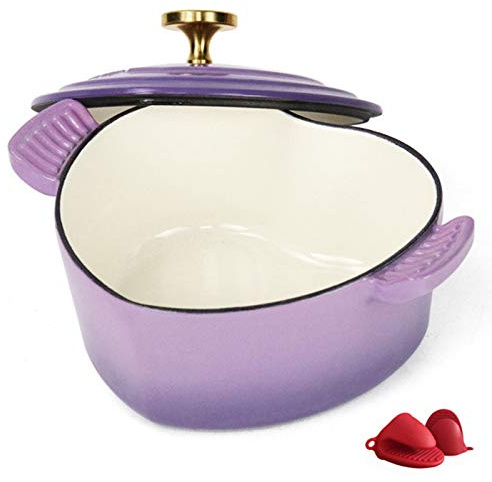 Heart-Shaped Dutch Oven, Cast Iron Casserole with Dual Handles and Lid, Professional Enamel Cookware Crock Pot, Purple