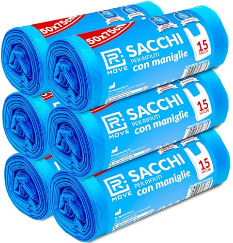 R MOVE 90 sacs poubelle 50 x 75 cm avec poignées, sacs poubelle 40 litres, 6 rouleaux de sacs poubelle, 15 sacs poubelle pour rouleau, sacs indifférenciés, sacs poubelle (bleu)