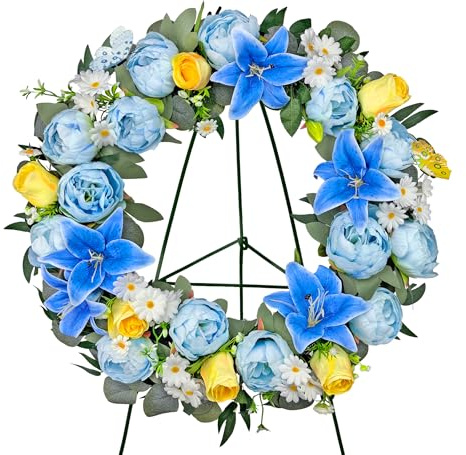 Naramiji Artificial Cemetery Wreath for Grave, 24 Blue Memorial FWreath with 30 Easeal Stand, Peony Lily Rose Daisy for Gravesites Decoration