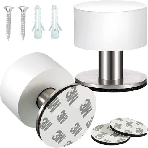 2 Piezas Topes de Puerta de Pared, Tope Autoadhesivo de Acero Inoxidable 304 con Cabezal de Goma, Silenciador para Puertas en Hogar u Oficina, Instalación con Pegamento o Tornillos, Color Blanco