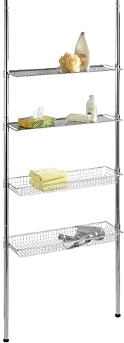 WENKO Teleskopregal Bolsena - mit 2 Ablagen und 2 Körben, Lochdesign, Stahl, Chrom 285 x 20 x 71 cm