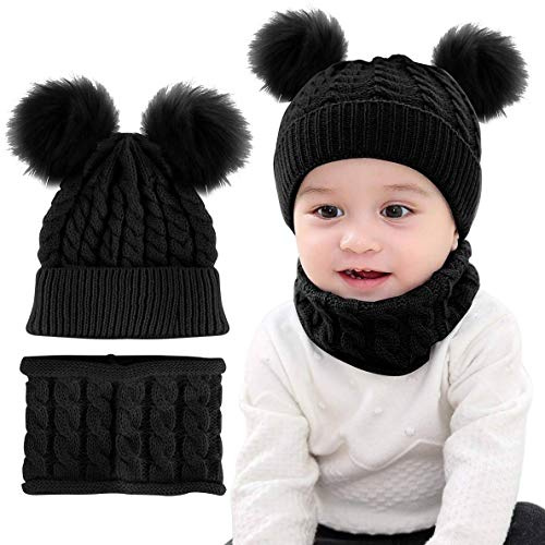 CheChury Cappello A Maglia Bimbo Neonata Cappellino con Sciarpa Set 2Pcs Cappelli Bambina Ragazzo Sciarpa Berretto A Maglia con Pompom Unisex 0-24 Mesi,Nero,Taglia Unica