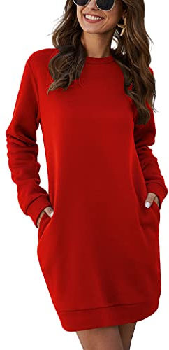 ORANDESIGNE Vestido Mujer Otoño Invierno Sexy Suéter Elegante Manga Larga de Cuello Redondo Sudadera Pullover Casual Jerseys Deportiva Falda Largo con Bolsillos Rojo M