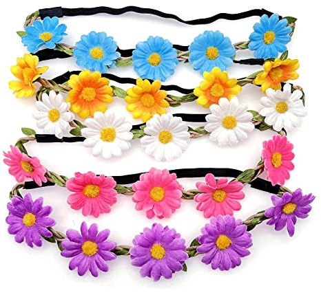 CCHAMP 5 diademas artificiales de margarita para dama de honor, diadema de flores de boda, guirnalda de margaritas para niña y mujer, corona floral, blanco, morado, amarillo, azul y rosa