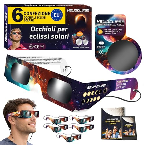 Helioclipse 6x Gafas Eclipse Solar Homologadas ISO 12312-2 2026 - Gafas para Ver Eclipse Solar - Gafas de Eclipse Solar Homologadas - 1x Filtro Solar Móvil