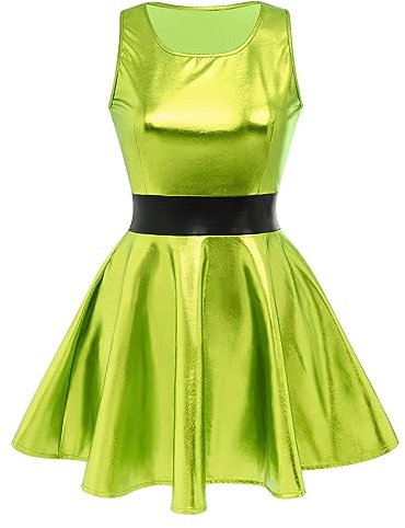 Odizli Robe patineuse sans manches pour femme, holographique métallisée avec paillettes, années 80, années 90, vêtement de danse, Vert, L