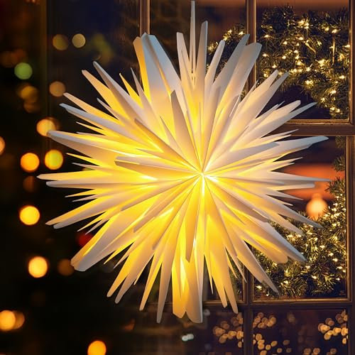 EANLOLY Weihnachtsstern Beleuchtet LED Stern, Weihnachtsdeko Innen Fenster, Papiersterne Zum Aufhängen mit Beleuchtung, Weihnachten Leuchtstern Lichterkette, Weiß Ø 45 cm