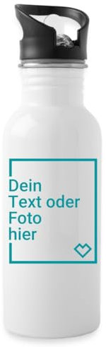 Spreadshirt Trinkflasche Selbst Gestalten Mit Foto Oder Text | Personalisierbare Wasserflasche mit Strohhalm, 600 ml, Weiß