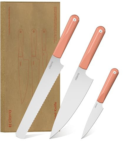CIARRA Set di coltelli in acciaio inox, 3 pezzi, coltello per pane, da chef, coltello universale, manico ergonomico, adatto per lavastoviglie, colore arancione
