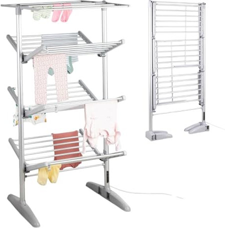 HomeVibe 4-Tier Heated Clothes Airer with Cover – Electric Clothes Dryer & Heated Airer, Switch Button, 23m Drying Capacity, Foldable Clothes Horse, 147x73.5x71cm, Silver