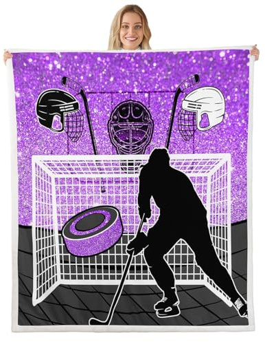 Feelyou Ice Hockey Fleece Throw Blanket Throw 50x60 Kids Ice Sports Games Plush Blanket Boys Hockey Player Sherpa Blanket Glitter Puck Hockey Purple Fuzzy Blanket,No Glitter