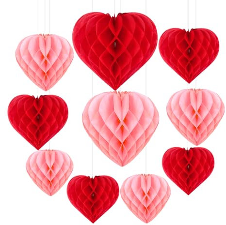 Heart Honeycomb Ball Decorations,Ompinda 10 Pcs Red and LightPink Hanging Paper Pom Poms Honeycomb Romantic Decorations for Anniversary Wedding Engagement Proposal Party