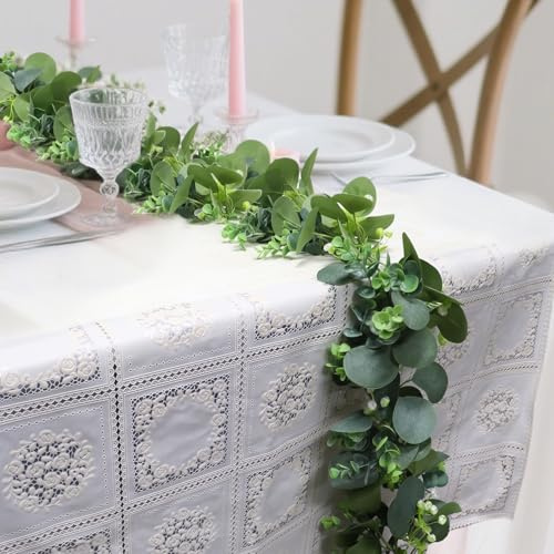 SEMSOIIO Artificial Eucalyptus Garland, 5.9FT Long Fake Mixed Leaves Vine, Faux Spring Greenery Garland for Farmhouse Table Home Wedding Party Decor Set of 1(Green)