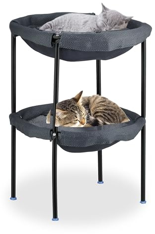 Relaxdays Katzenhängematte, 2 Etagen, erhöhter Katzenhängesessel, HBT: 59x41x43 cm, Doppel-Katzenbett, grau/schwarz