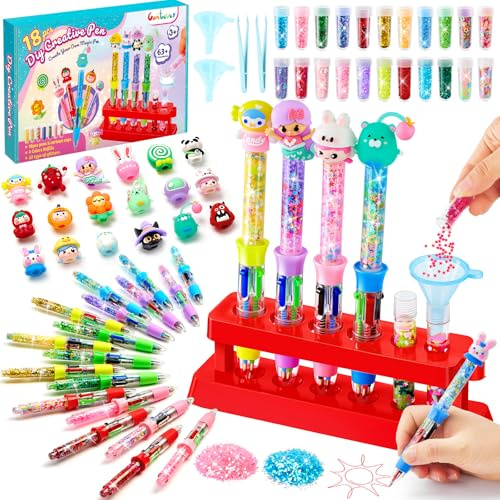 Gör-det-själv-pennor set, 18 stycken pennor med 4 färger påfyllningar, personlig penntillverkning med glittertillbehör, barns födelsedagskalas knåp leksaker presenter för flickor pojkar från 5-12 år