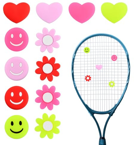 Luxvara 12 Pieces Tennis Racket Vibration Dampener, Tennis Racquet Shock Absorbers, Silicone Tennis Vibration Absorber for Tennis accessories Sports Favor, Smiley Heart Flower, 4 Colours