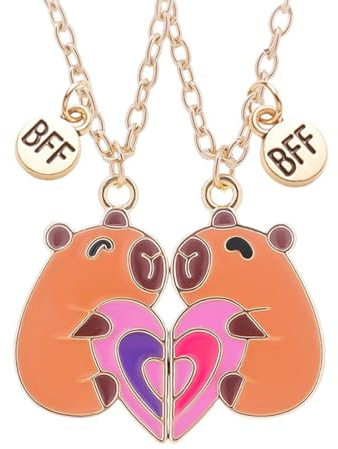 YUVKIN Set de 2 Colliers d'Amitié Capybara, Collier Meilleures Amies, Bracelet Cœur BFF avec Collier Assorti, Pendentif Capybara (pour 2 Filles)