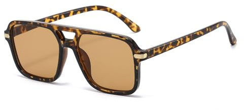 YAMEIZE 70s Rettangolo Doppio Ponte Occhiali da sole per- Donna Uomini di stile retrò Pilota Occhiali UV400 di Protezione Vintage Piazza Ombra di Guida (Leopard Champagne)