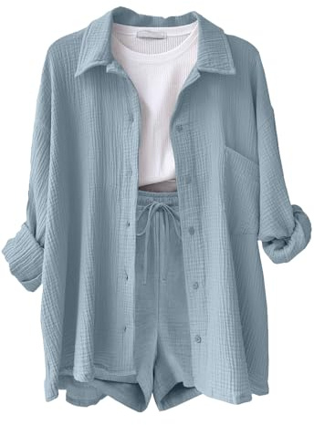 Yutdeng Completo Lino Donna Estivo 2 Pezzi Camicia a Maniche Lunghe e Pantaloncini Lino Donna Eleganti Set Tuta Casual Completi Sportivi Tute da Ginnastica con Coulisse e Tasche