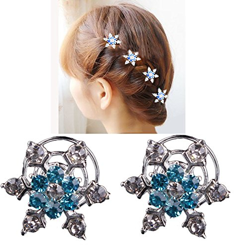 Miya® 4er Set Glamour wunderschöne Schneeflocken mit glanzende Bund und blau Kristallen Strass, Haarnadeln Haarpin Haarspiralen Curlies, Braut Haarschmuck Hochzeit Jugendweihe, Form2