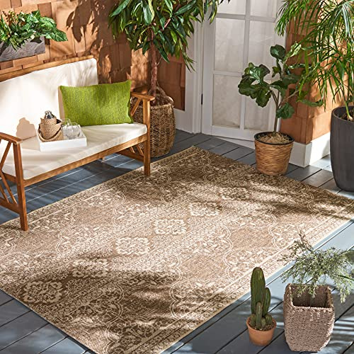 SAFAVIEH Washable Rug Outdoor Beach House Collection - 4' x 6', Cream & Beige, Non-Shedding & Easy to Clean, Ideal for Patio, Backyard, Mudroom (BHS174A)