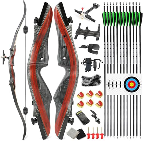 MILAEM 62 ’’ Bogenschießen Takedown Recurve Bogen und Pfeil Set 20-50lbs Holz Riser Langbogen Outdoor Jagdbogen Ziel Übung Rechtshänder (Schwarz, 50lbs)