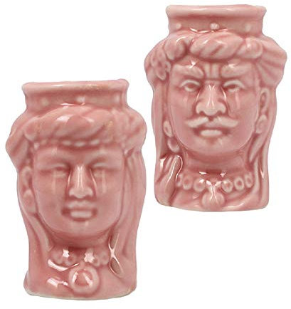 ILAB Coppia Teste di Moro vasetto Vari Colori in Porcellana Lucida Decorata a Mano Art 830 (Rosa)