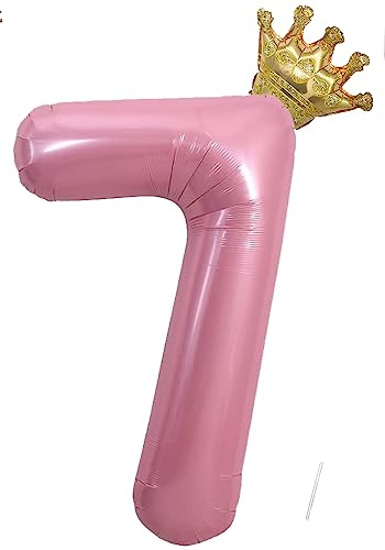 Foil Globo Numero 7, VUCDXOP 101 CM Rosado Globo de cumpleaños 7 con Corona, globos de helio número 7, Decoracion 7 Cumpleaños Niños, Globos Numeros Gigantes para Fiestas, Vuelan con Helio