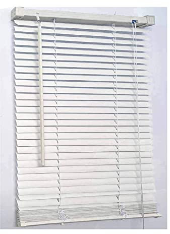 White Plain PVC venetian Blind - Width 90cm x Drop 150cm - 25mm Horizontal Slats - Easy Fit Trimmable fitting with Tilt control Wand Mechanism