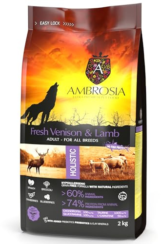 Ambrosia Ultra Premium Pet Food® | Grain-Free All breed Dry Dog Food, 2Kg, Hypoallergenic, High-Protein, Holistic | Fresh Venison & Lamb, Adult