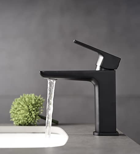 KINGBATH™ Single Lever Mono Basin Mixer Tap with Click Clack Sprung Waste Bathroom Sink Hot and Cold Faucet Solid Brass Modern Matt Black Easy to Fit/Install