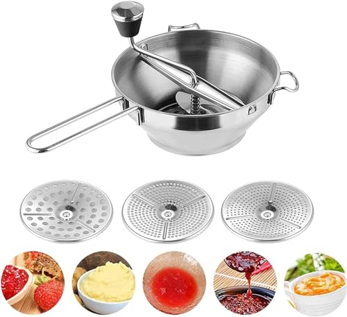WLP Stainless Steel Jam Machine Manual Food Grinder Food Grinder With 3 Sieve Inserts Puree Maker Grain Mill Hand Crank For Mashing, Straining & Grating Fruits Vegetables Baby Food Mill