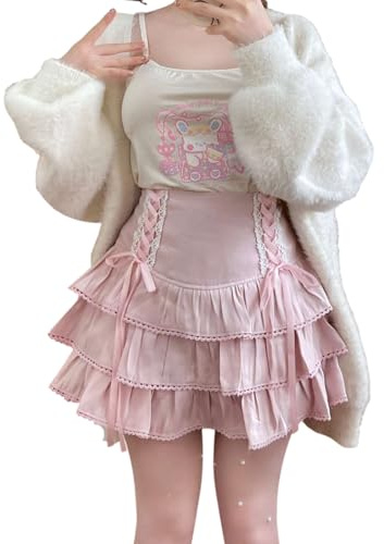 Cuteighteen Lolita Minikjol Kvinnor Byxkjolar Kawaii Lager volanger Hög midja Snörning En linje Söta kjolar för tonårsflickor, Rosa, S