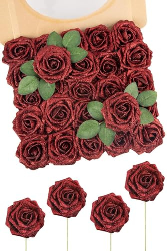 N&T NIETING rose artificiali glitter, 25 rose finte con steli, rose artificiali in schiuma touch reale per matrimoni, mazzi di fiori, feste, ufficio, baby shower, decorazioni per la casa, Natale