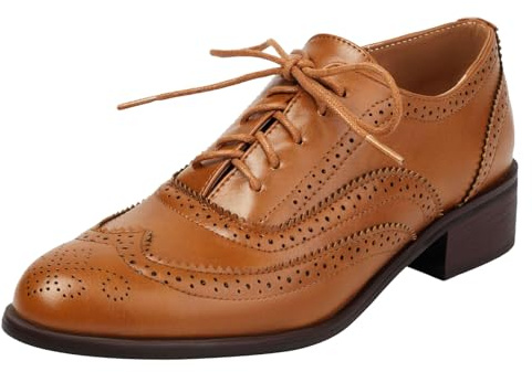 ANUFER Mujeres Tacón de Bloque Wingtip Brogues Caña Baja Oxfords Zapatos de Salón